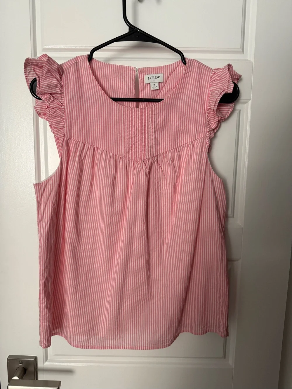J. Crew Pink and White Striped Ruffle Sleeve Blouse